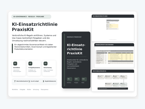 KI-Einsatzrichtlinie PraxisKit mit Richtlinie, Freigabeprozess und Excel-Cockpit