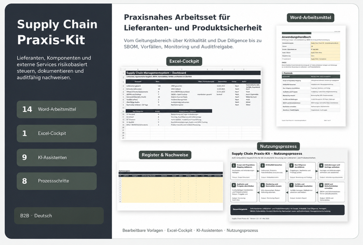Supply Chain Praxis-Kit für Lieferantenbewertung, SBOM, VEX und Cybersicherheitsnachweise
